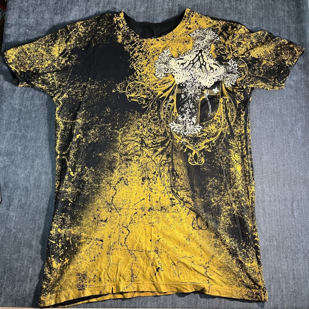 Archaic Affliction Y2K Cross Wings Graphic Tee Black Yellow Mens XL